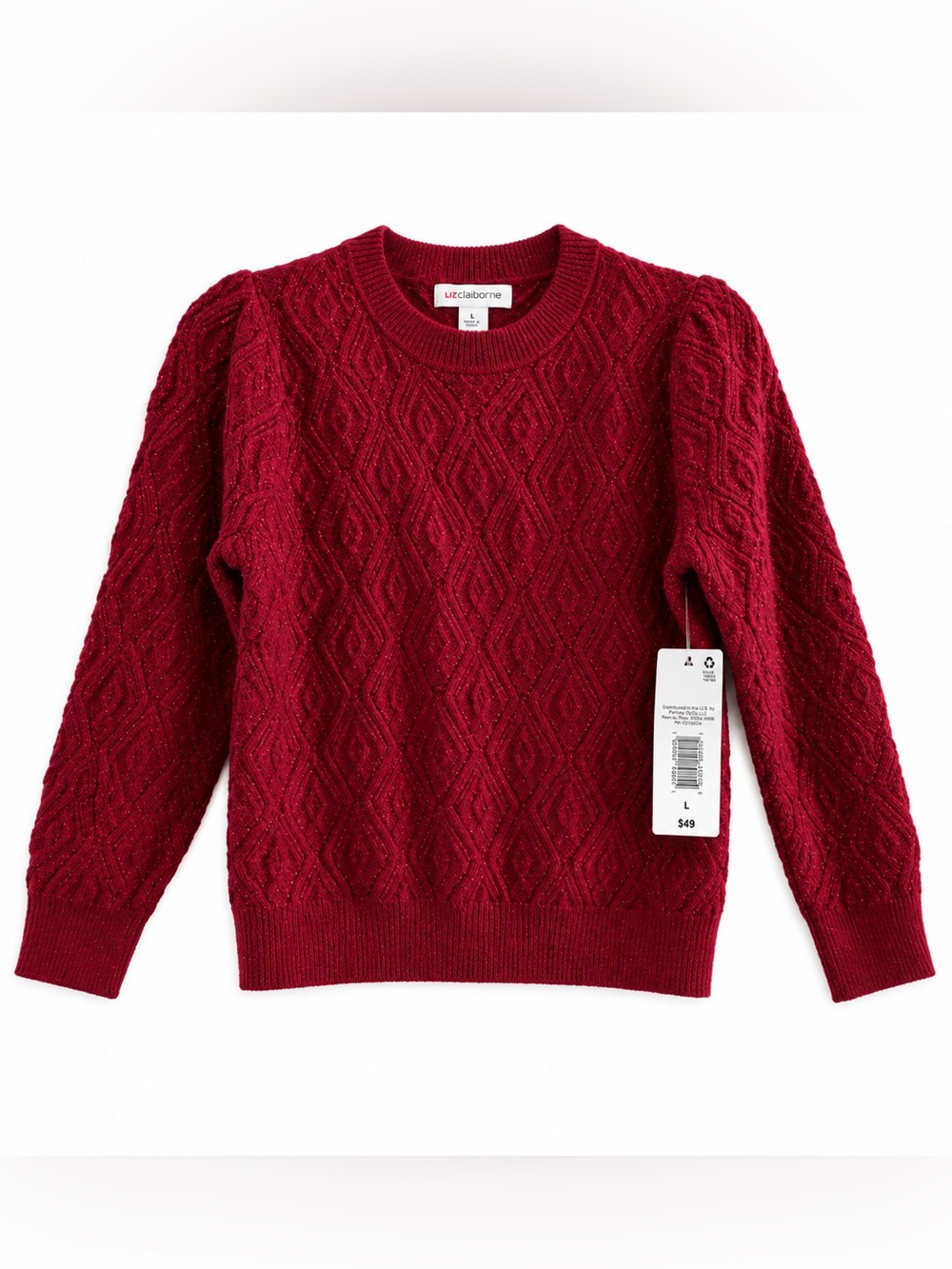 NWT Liz Claiborne Women's Deep Red Diamond Cable Crewneck Sweater